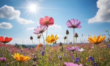 Een bloemenveld met een blauwe lucht op de achtergrond