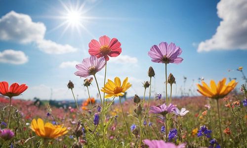 Un champ de fleurs avec un ciel bleu en arrière-plan