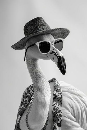 Stijlvolle flamingo met hoed en zonnebril in zwart en wit
