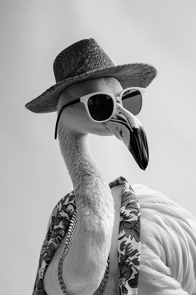 Stylish flamingo with hat and sunglasses in black and white by Poster Art Shop