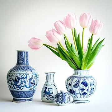 Delft blue vase with pink tulips - still life by Vlindertuin Art