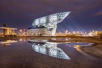 Havenhuis Antwerpen 's nachts gereflecteerd in een vijver
