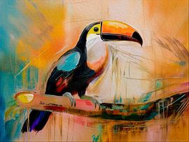 Peinture colorée représentant un oiseau : un toucan sur une branche d'arbre sur Studio Pieternel