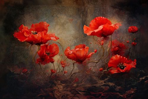Mohnblumen auf dem Feld – Malerische Blumenkunst in Rot und Grün von Joriali Fine Art