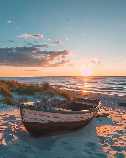 Vissersboot bij zonsondergang van fernlichtsicht