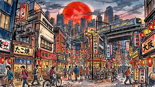 Les nuits d'Osaka sous le soleil couchant cramoisi