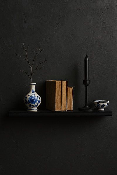 Het stille plankje - Stilleven met Delfts blauw en boeken van Kleurenrijk