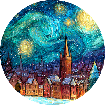 Winterstad in Sterrennachtstijl Vol Kleur en Verwondering