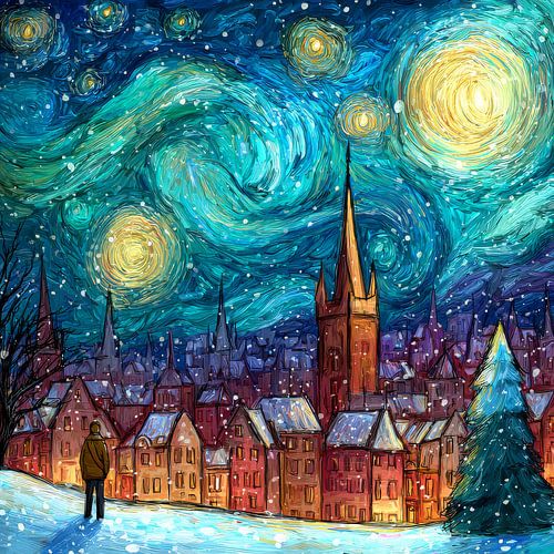 Ville d'hiver en style nuit étoilée pleine de couleurs et d'émerveillement