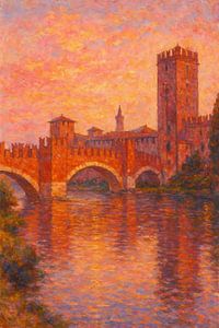 Verona Castelvecchio Brücke Sonnenuntergang – Romantischer italienischer Flussimpressionismus