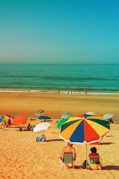 Costa da Caparica Beach, Portugal. Vibrant Beach Scene with Colorful Umbrellas and Relaxing Seaside Atmosphere by SPJE ART