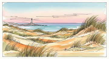 Aquarell-Landschaft mit Sanddünen, Leuchtturm und Meer von Markus Gann