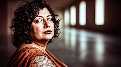 Latina met krullen en tatoeage