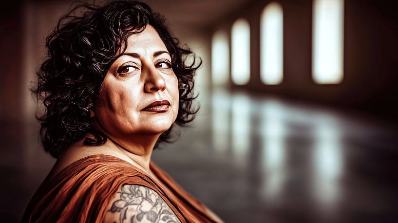 Latina met krullen en tatoeage van Frank Heinz