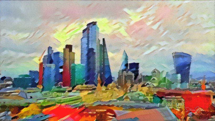 Expressionistische Malerei Londoner Wolkenkratzer im Stil von Kandinsky von Slimme Kunst.nl