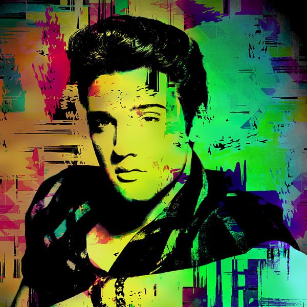 Elvis Presley Abstraktes Pop-Art-Portrait in Rot Grün Blau von Art By Dominic