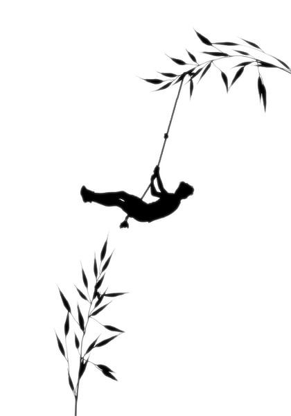 Black and white illustration of a child on a swing by Emiel de Lange