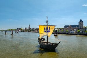 Historic Kamper Kogge sailing boat in front of Kampen