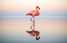 Tableau décoratif représentant le reflet d'un flamant rose au coucher du soleil