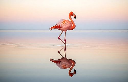 Serene Pink Flamingo Sunset Reflection Photography Wall Art
