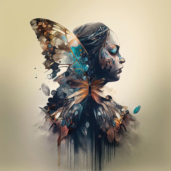 Portret van een jonge vrouw, gecombineerd met een vlinder. van Anne Loos