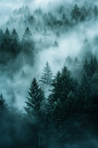 Lost in the Mist | Mystical Pine Forest in Blue-Green