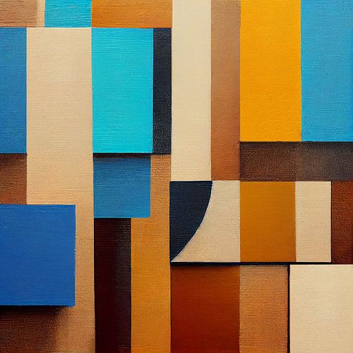 dans des tons de bleu, de brun et de beige