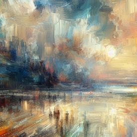 Impressionisme schilderij watermassa met kleurrijke lucht van Henk van Holten