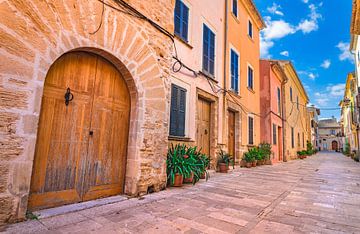 Typische straat met potplanten in Alcudia oude stad, Mallorca, Spanje, Balearen van Alex Winter