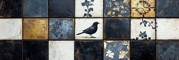Zwart en goud tegels met elegant vogelontwerp panorama van Digitale Schilderijen