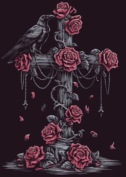 Crow on grave cross with roses by Pixelbull Design