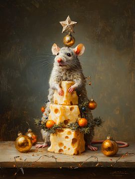 Kerstmuis met kaasboom en gouden kerstballen in feestelijke schilderstijl van But First Framing