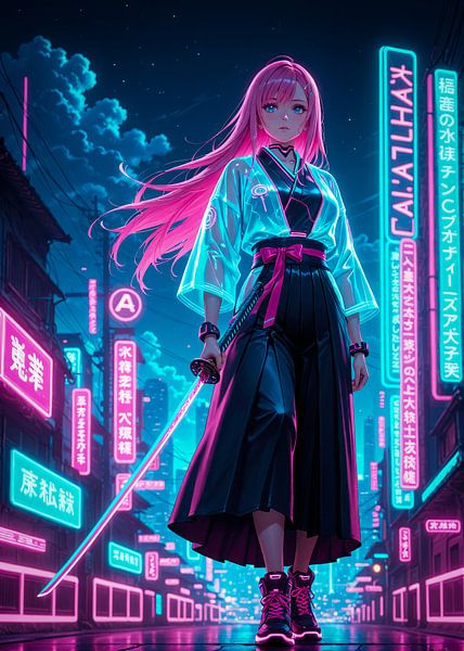 Samurai Girl Anime Cyberpunk Japan van Ruzerin