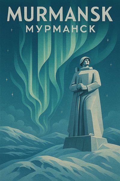 Murmansk Alyosha Monument Poster – Northern Lights Aurora Borealis Art by Travel Shop