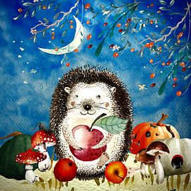 Night illustration hedgehog in autumn by Floral Abstractions