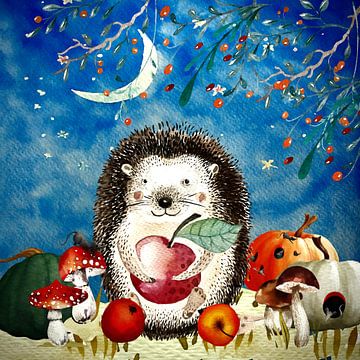 Night illustration hedgehog in autumn by Uta Naumann