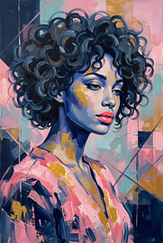 Portrait expressionniste dynamique d'une femme, dans des tons de rose et de bleu sur Zala Creative
