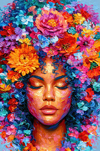 Floral Ecstasy – A Modern, Colourful Portrait of a Woman with a Lavish Rosary