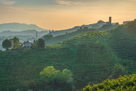 Vignobles des collines du Prosecco, coucher de soleil, église de San Lorenzo, Vénétie, Italie sur Stefano Orazzini