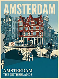 Vintage-Reiseplakat Amsterdam – Charakteristisches Eckhaus und Bogenbrücke an der Gracht
