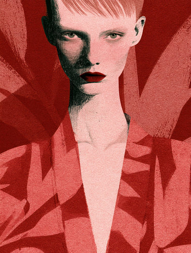 A modern, minimalist fashion portrait of a woman with short hair and red lips