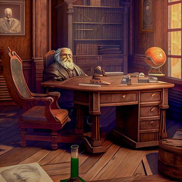 old man in office at desk painting illustration by Animaflora PicsStock