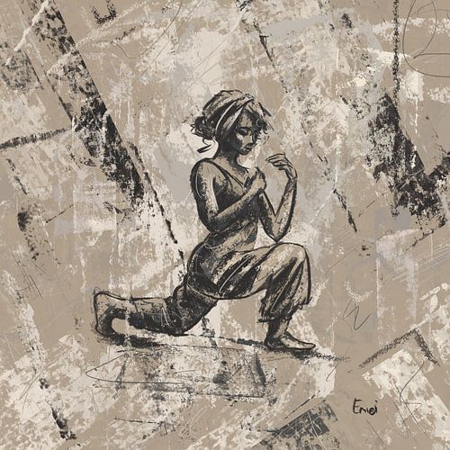 Balans oefening - potlood tekening digitaal ingekleurd