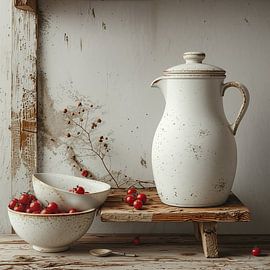 A still life of an old milk jug with white bowls and red berries. by J.a Dijkstra