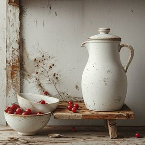 Ein Stillleben mit einer alten Milchkanne, weißen Schalen und roten Beeren.