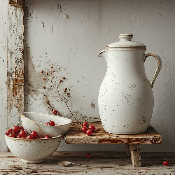 A still life of an old milk jug with white bowls and red berries. by J.a Dijkstra
