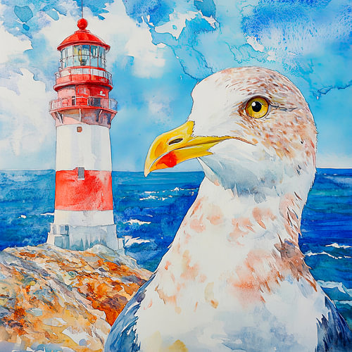 Lighthouse and seagull by the sea