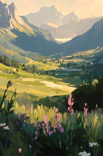 Berglandschap zee van bloemen
