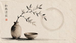 Nature morte zen avec une branche, un vase et un cercle Enso