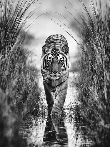 Schwarz-Weiß-Foto eines Tigers